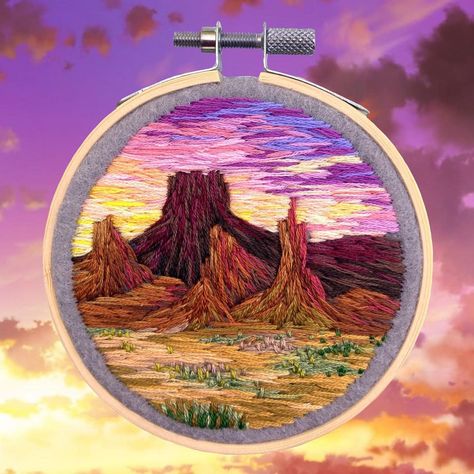 Embroidery Artists, Embroidered Cactus, Next Friday, Embroidered Art, Embroidery Bags, Desert Sunset, Thread Painting, Desert Landscape, Sewing Embroidery Designs