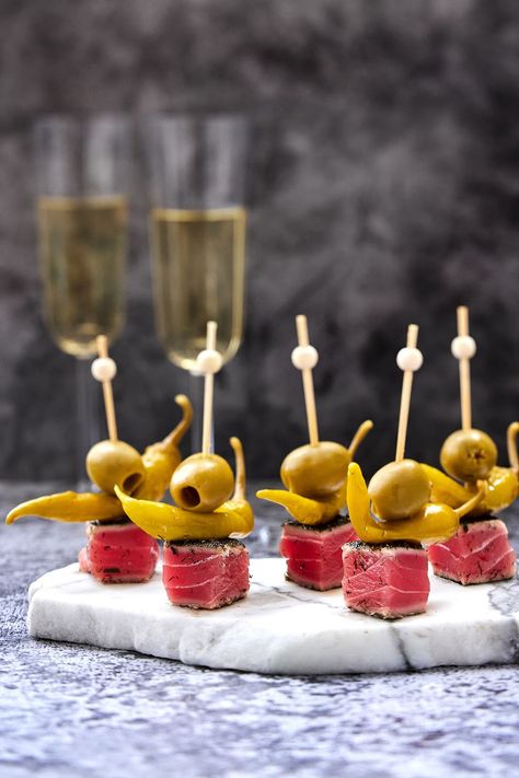 Recipe: These Mini Tuna Skewers Make The Perfect Little One-Bite Entree - NZ Herald Tuna Canape, Tuna Bites, Spanish Peppers, Cracked Pepper, Green Olives, First Bite, Entertaining Recipes, Skewers, In The Flesh