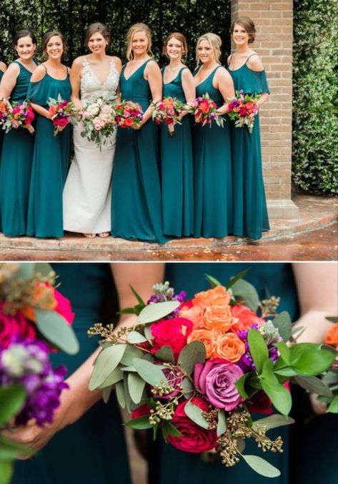 Flowers For Dark Green Dress, Teal Orange And Pink Wedding, Dark Teal Summer Wedding, Teal And Berry Wedding, Maroon And Turquoise Wedding, Dark Teal And Pink Wedding, Dark Teal Wedding Colors, Teal Pink Maroon Wedding, Teal And Pink Wedding Bouquet