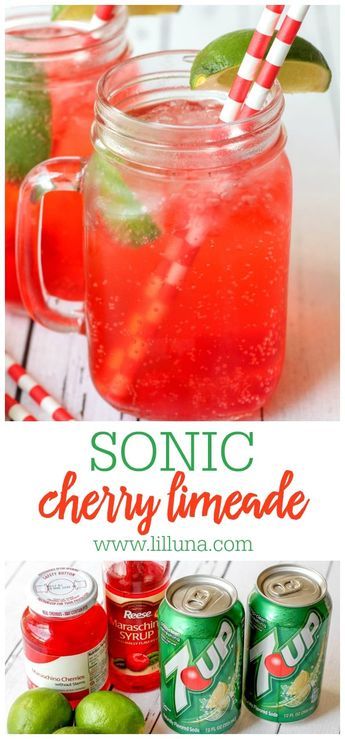 Delicious copycat recipe for Sonic's Cherry Limeade! Ingredients include 7-Up, cherries, a lime, and maraschino syrup. This simple recipe tastes just like the real thing. #copycatsoniccherrylimeade #cherrylimeade #soniccherrylimeade #cherry #soniccopycat Cherry Limeade Recipe, Limeade Drinks, Sonic Cherry Limeade, Lime Drinks, Drink Recipes Nonalcoholic, Cherry Limeade, Refreshing Drinks Recipes, 7 Up, Mixed Drinks Recipes