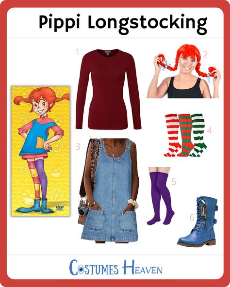 Pippy Longstocking Costume Diy, Pippi Longstocking Costume, Pippi Longstocking Costumes, Adult Costumes Diy, Storybook Character Costumes, Mom Halloween Costumes, Denim Jumper Dress, Pippi Longstocking, Denim Jumper