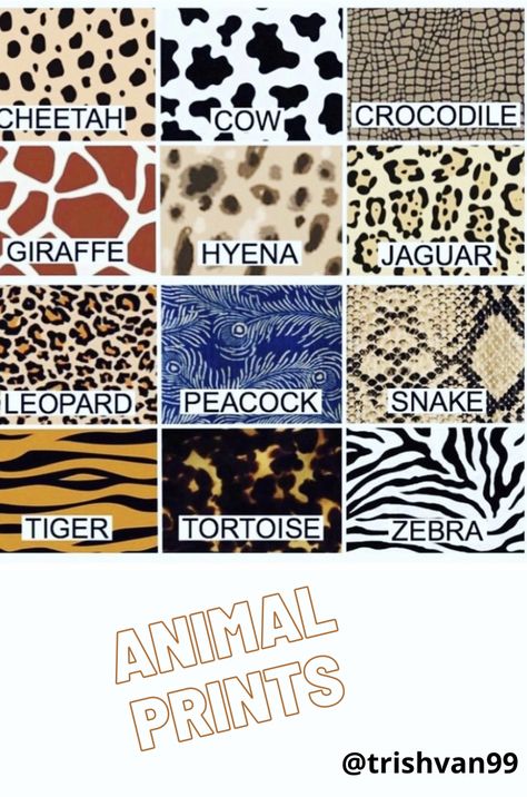 Guide to animal prints Animal Print Drawing Pattern, Animal Print Fabric Textiles, Different Animal Prints, Animal Print Outfits Illustration, Animal Print Dress Illustration, Animal Prints Outfit, Animal Print Fashion Illustration, Animal Print Drawing, Animal Fashion Illustration