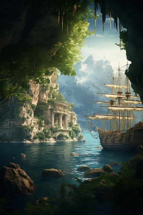 Fantasy Ship Aesthetic, Fantasy Ship, Fantasy Pirate, Fantasy Ships, Fantasy Beach, Fantasy Sea, Pirate Ship Art, Pirate Island, Pirate Boats