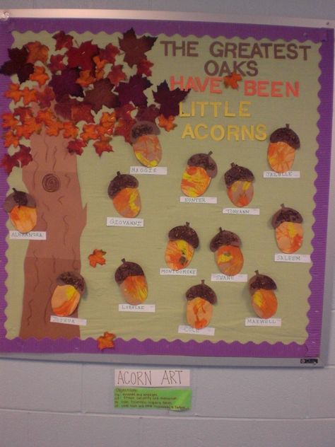 Fall bulletin board using acorns for marble painting.   Teaching Strategies Gold objectives 11a, 11d,24,28 Change Is All Around Crafts For Infants, Bulletin Boards For Kindergarten, Autumn Bulletin Boards, Teaching Strategies Gold, October Bulletin Boards, November Bulletin Boards, Kindergarten Bulletin Boards, Fall Bulletin Board, Thanksgiving Bulletin Boards