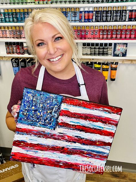 American Flag Palette Knife Tutorial Social Easel, Learn Acrylic Painting, 4h Ideas, American Flag Painting, Flag Diy, Painting Videos Tutorials, American Flag Art, Yankee Doodle, Paint Studio