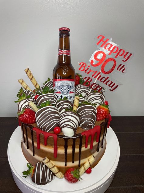 Strawberry, chocolate cover strawberry, dripping, beer Budweiser Cake, Husband Birthday Parties, Unicorn Cafe, Liquor Cake, Beer Cake, Strawberry Chocolate, Twin Birthday, Wedding 2025, Husband Birthday