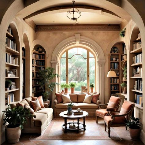 Spanish Style Library, Library In Living Room, Home Library Ideas, Reading Spaces, Spain House, Reading Space, Mediterranean Style Home, Greek House, Home Libraries