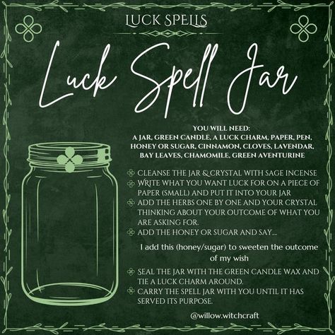 Luck Spell Jar, Luck Spell, Witches Jar, Charmed Spells, Witchy Cottagecore, Witchcraft Spells For Beginners, Charmed Book Of Shadows, Good Luck Spells, Jar Spells