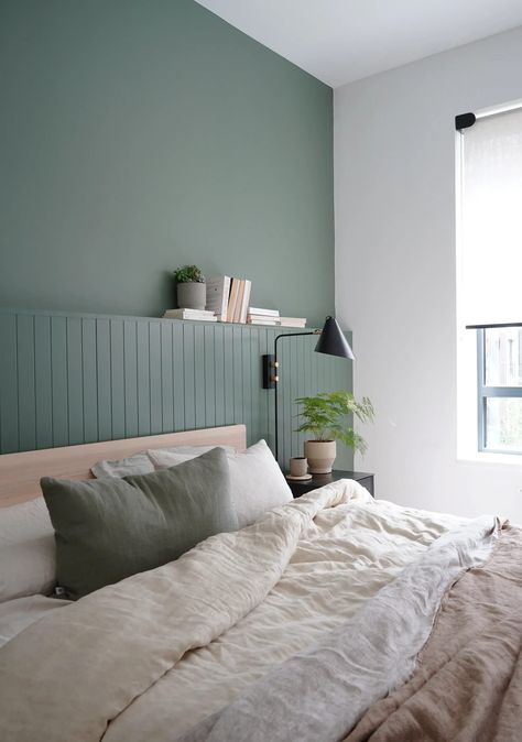 New interior project: a refreshing green bedroom in a zen city retreat - how to add character to a new build - green feature wall - green interiors - sage green bedroom Sage Bedroom, Green Bedroom Walls, Feature Wall Bedroom, Tongue And Groove Panelling, Black Lighting, Sage Green Bedroom, Open Plan Living Room, Green Interior, Green Bedroom