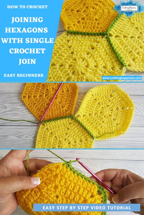 Joining crochet hexagons with single crochet join is a simple crochet technique that creates a raised ridge around your hexagon while leaving the back of your work flat.    Learn how to join crochet hexagons with this easy to follow video tutorial. Step by step instructions for beginners.      #babyblankets #crochetforbeginners #crochetpatternsfree #crochetprojects #crochetstitches #crochetbaby #modernbabyblanket #crochet #babyafghans #crochetpatterns #freepatterns #joinhexagons #hexagonblanket Joining Crochet Motifs, Joining Crochet, Joining Crochet Squares, Crochet Stitch Patterns, Crochet Hexagons, Crochet Hexagon Blanket, Crochet In The Round, Hexagon Crochet Pattern, Joining Granny Squares