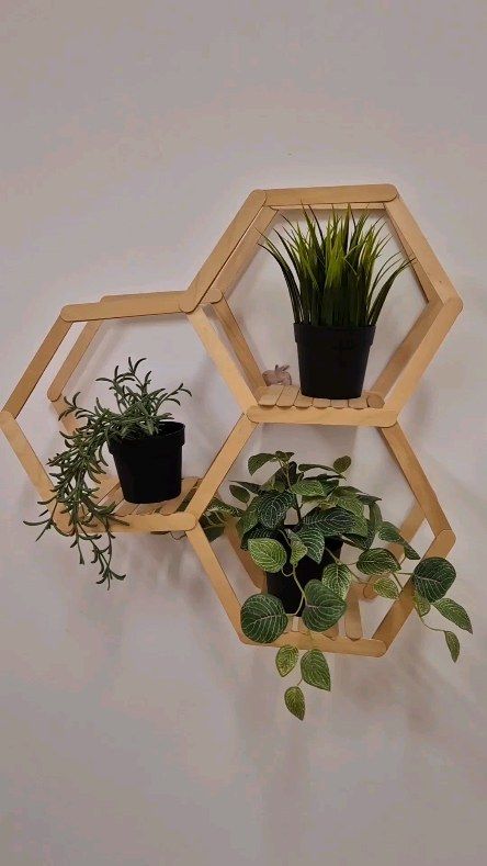 ~crafty creations~ | Stick diy #wallhanging #homedecor | Instagram Popsicle Stick Hexagon Shelf, Popsicle Sticks Wall Decor, Popsicle Stick Crafts For Adults Decor, Popsicle Stick Decor, Popsicle Decor, Diy Plant Shelf, Plant Instagram, Popsicle Stick Crafts For Adults, Popsicle Stick Craft