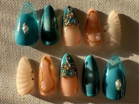 Nail Designs Turquoise, Sweetheart Nails, Pearls Nails, Denim Nails, Medium Almond Nails, Nails Turquoise, Mismatched Nails, Nails Colorful, Turquoise Nails