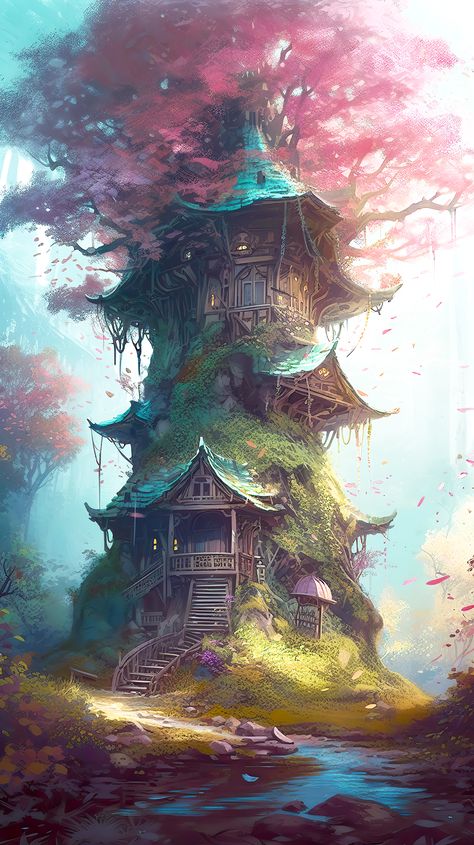 #blossom #cherry #fantasy #hut #wizard #witch #dnd #rpg Wizards And Witches, Dnd World Art, Wizard Tower Aesthetic, Fantasy Witch House, Dnd Wizard Tower, Wizard Tower Concept Art, Fantasy Wizard Tower, Witch Hut Minecraft, Forest Witch Art