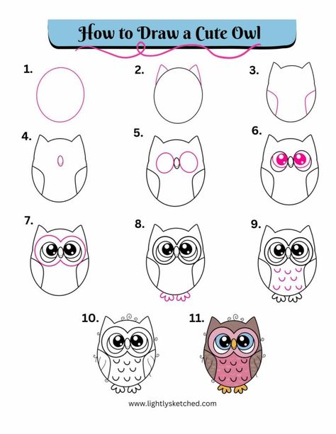 Owl Drawing Step by Step | Lightly Sketched How To Draw An Owl, Owl Drawing Step By Step, Easy Owl Drawing Simple, Drawing An Owl, Cute Owl Drawing Simple, Owl Sketch Simple, Owl Drawing Simple Step By Step, How To Draw An Owl In A Tree, Cute Owl Painting Easy