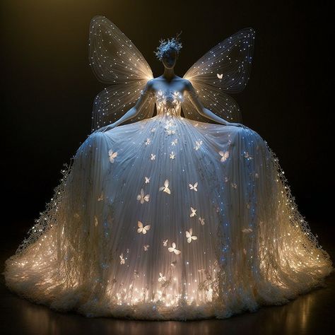 Fairy Tale Inspired Dress, Fairy Tail Gowns Dresses, Fairy Inspired Gown, Dress With Fairy Lights, Fairy Tail Gown, Fairy Light Dress, Light Up Gown, Fancy Fairy Dress, Fariy Tail Aesthetic Dress