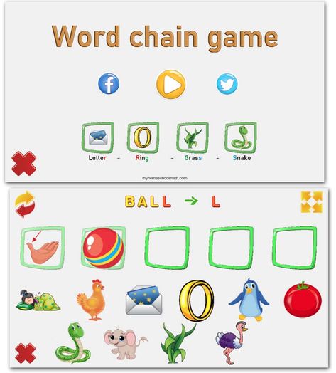 Word Chain Game - Prereading Actitivies Word Chain Activity, Reading For Kindergarten, Learning Reading, Letter Games, Pre Writing Activities, Kindergarten Games, Reading Games, Picture Letters, Rhyming Words