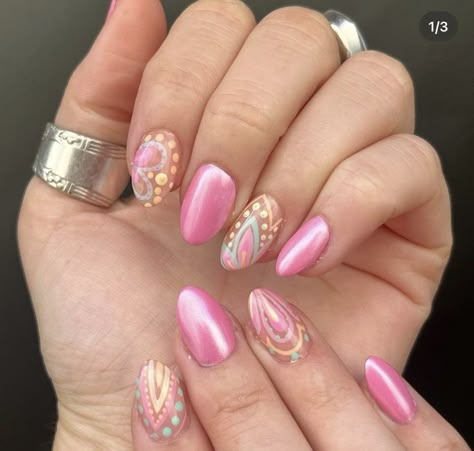 Deja Clark Nails, Pink Boho Nails, Funfetti Nails, Boho Spring Nails, Fairy Inspired Nails, Gold And Pink Nails, Spring Flower Nails, Nails Fruit, Nail Designs Pink