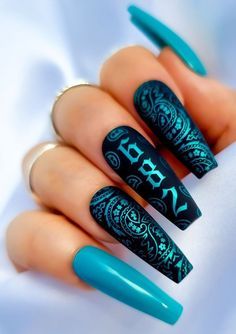 Acrylic Nail Designs Coffin Black, Nails With Numbers On Them, Boujee Nails Designs, Turquoise Nail Designs, Christmas Nail Designs Acrylic, French Gel Nails, March Nails Ideas, Bandana Nails, Spooky Halloween Nails