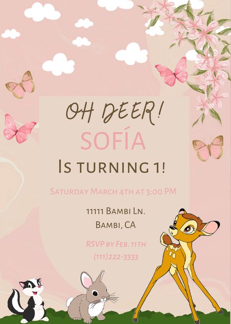 Bambi Birthday Invitation Bambi Party Invitation, Bambi Birthday Invitations, Bambi Invitation Template, Bambi Invitation, Bambi Party, Bambi Birthday, Menifee California, Girl Birthday Themes, Girl 2nd Birthday