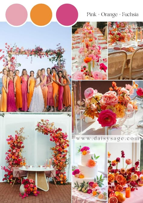 20 Spring & Summer Wedding Color Trends 2025 - Daisy Sage Bright Wedding Inspiration, Pink Orange Wedding Colors, Pink Orange Fall Wedding, Sunset Colors Wedding Aesthetic, Orange And Pink Wedding Cake, Wedding Color Schemes Colorful, Wedding Pink And Orange, Summer Color Schemes Wedding, Pink Orange Wedding Theme