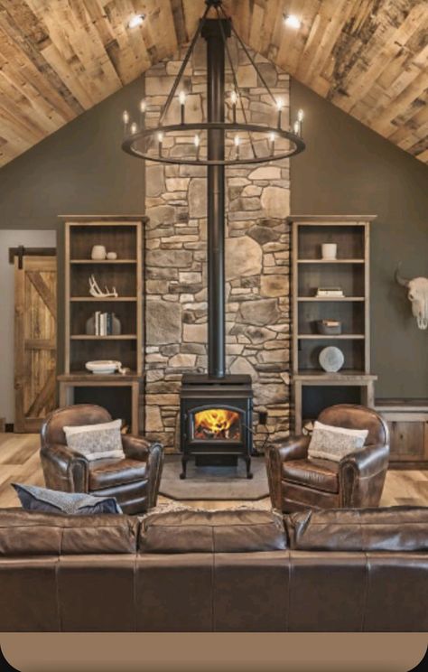 Stone Behind Wood Burning Stove, Behind Wood Stove Wall, Wood Burning Stove With Tv Above, Wood Burning Stove In Bedroom, Wood Stove In Fireplace Opening, Fireplace Ideas With Wood Storage, Wood Stove With Wood Storage, Pellet Stove Fireplace Ideas, Wood Stove Ideas Living Rooms