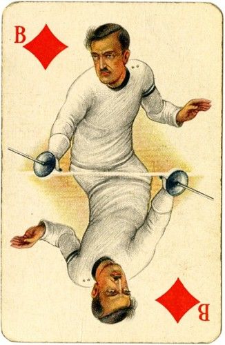 Fencing, Amsterdam 1928 | Exhibition: Sporting Aces - Playin… | Flickr Olympic Theme, The Olympic Games, Playing Cards Design, Vintage Playing Cards, Childrens Games, Minor Arcana, Card Collection, Wild Card, Football Cards