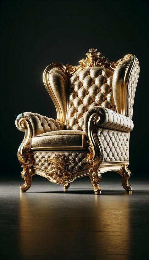 Step into a realm of splendor with 'Golden Elegance', a chair designed for the sovereign in you. Wrapped in gold velvet and adorned with gold leaf, this recliner is a tribute to luxury and sophistication. #GoldenLuxury #OpulentDesign #VelvetGold #SovereignStyle #ElegantFurniture #RegalComfort #InteriorRoyalty Unusual Chairs, Indian Backdrop, White Leather Bed, Latest Sofa, Doll Furniture Patterns, Carving Furniture, Royal Chair, King Chair, Royal Houses