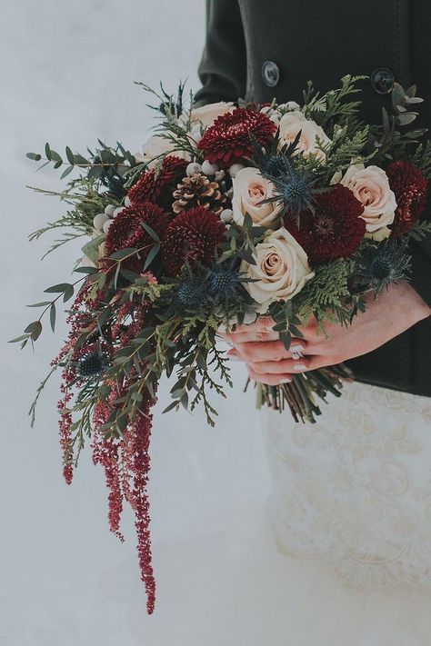 Dahlia + roses + pine cones winter wedding bouquet ,Gorgeous winter wedding bouquet ideas Cream Bridal Bouquet, Winter Bridal Bouquets, Winter Wedding Table, Winter Wedding Bouquet, Blue Wedding Bouquet, Winter Bouquet, Winter Wedding Flowers, Deep Burgundy, Wedding Flower Arrangements