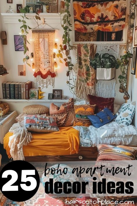 Create one of the most gorgeous of 25 boho apartment ideas for a cozy, cute space. 
This vibrant reading nook has colorful cushions and throws for enjoying a good book or having deep conversations. The space is richly decorated with hanging plants, unique textiles, and eclectic wall hangings, providing an environment that feels intimate and inviting. It serves as an ideal retreat for relaxation, meditation, or simply escaping into another world with your favorite literature. Cozy Eclectic Living Room Boho, Boho Apartment Ideas, Boho Style Apartment, Cozy Eclectic Living Room, Modern Rustic Decor Living Room, Bedroom Decor Inspirations, Plants Unique, Boho Apartment Decor, Colorful Cushions