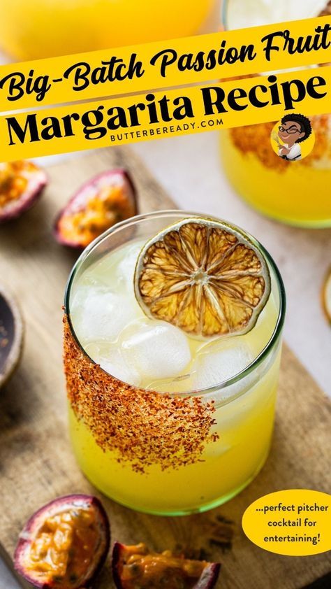 This Big Batch Passion Fruit Margarita recipe is the perfect make-ahead margarita to whip up for a crowd! Love that tropical passion fruit flavor? Then you’ll definitely enjoy this margarita recipe that uses both passion fruit juice and passion fruit syrup. This scaled-up recipe is the ultimate cocktail to serve at a party! Big Batch Margarita Recipe, Passionfruit Margarita, Margarita Recipes Passion Fruit, Large Batch Margarita Recipe, Passion Fruit Tequila Cocktail, Passion Fruit Margarita Recipe, Passionfruit Cocktail, Comfort Food Appetizers, Passion Fruit Margarita