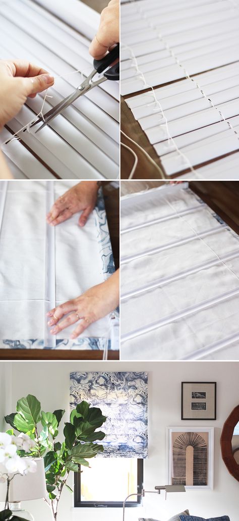 Easy to follow Roman Shades tutorial using vinyl mini blinds and Rebecca Atwood printed fabric. #DIY Vinyl Mini Blinds, Roman Shade Tutorial, Diy Roman Shades, Diy Window Treatments, No Sew Curtains, Outdoor Blinds, Antique Finds, Mini Blinds, How To Hang