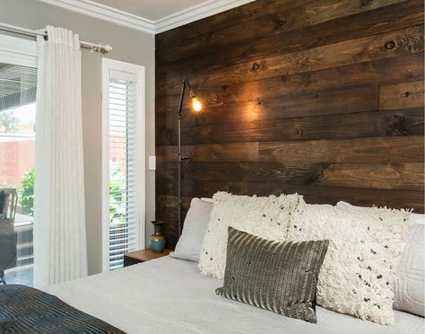 Vertical Wood Accent Wall Bedroom, Wood Accent Wall Bedroom Farmhouse, Dark Wood Accent Wall Bedroom, Wood Wall Behind Bed Bedroom, Stained Wood Accent Wall Bedroom, Dark Wood Feature Wall, Pine Accent Wall Living Room, Dark Wood Accent Wall, Wood Behind Bed