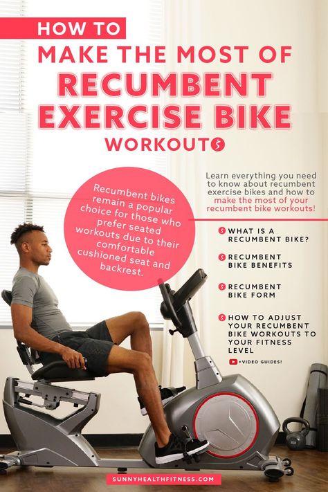 Recumbent bikes offer extra support for an effective cardiovascular workout and are amazing for challenging users of all fitness levels in a safe way. In this article, learn everything you need to know about recumbent exercise bikes and how to make the most of your recumbent bike workouts. #sunnyhealthfitness #recumbentbike #recumbentexercisebike #indoorbike #indoorrecumbentbike #fitnessequipment #recumbentbikeworkouts Gym Bike Workout, Recumbent Bike Benefits, Exercise Bike Workout, Cardiovascular Workout, Elliptical Bike, Ms Exercises, Hotel Room Workout, Stationary Bike Workout, Bike Workouts