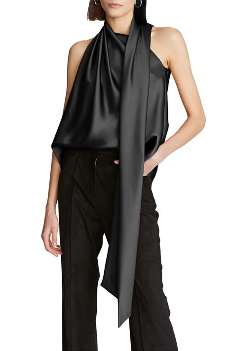 Night Out Outfits, Poncho Blouse, Out Outfits, Liquid Satin, White Sleeveless Blouse, Scarf Neck, Black Tunic, Halston Heritage, Night Out Outfit