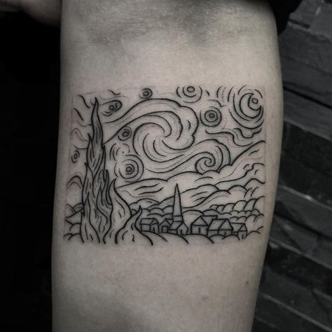 Starry night tattoo A Starry Night Tattoo, Stary Night Tattoo Black And White, Starry Starry Night Tattoo, Starry Night Van Gogh Tattoo, The Starry Night Tattoo, Start Night Tattoo, Starry Night Tattoos, Starry Night Tattoo Black And White, Starry Night Tattoo Ideas