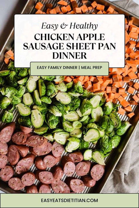 This fall harvest chicken apple sausage sheet pan dinner is not only a great meal prep lunch or dinner, but it is healthy, easy and delicious! #mealprep #fallsheetpandinner #falldinner #easydinner #fallrecipes #sheetpan #sheetpanmeal #sheetpandinner #mealprepideas #healthymealprep #fallveggies Meal Prep With Sausage, Apple Sausage Sheet Pan Dinner, Healthy Sausage Sheet Pan Recipes, Apple Chicken Sausage Sheet Pan, Sheet Pan With Sweet Potatoes, Fall Sausage Sheet Pan, Sheet Pan Dinners With Sweet Potato, Chicken Apple Sausage Sweet Potato Sheet Pan, Autumn Sheet Pan Dinner