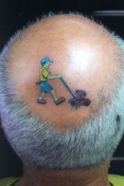 Lawn Mower Tattoo, Bald Tattoo, Bald Head Tattoo, Geniale Tattoos, Weird Tattoos, Bad Tattoos, 3d Tattoos, Bald Heads, Funny Tattoos