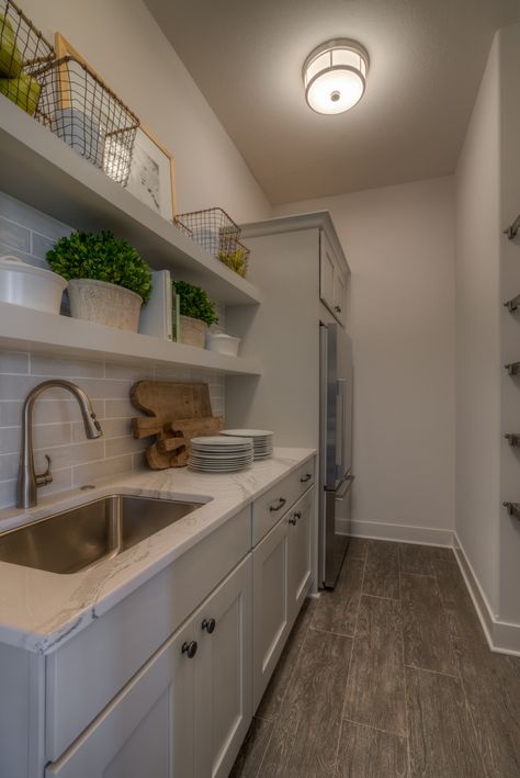 Walk-in pantry with sink, cabinet and counterspace. Large Pantry With Sink, Walk In Pantry With Sink And Dishwasher, Sink In Pantry, Narrow Walk In Pantry Barn Door, Walk In Pantry With Fridge Barn Door, Farm Pantry, Pantry With Sink, Walk In Pantry Dimensions Barn Door, Narrow Pantry