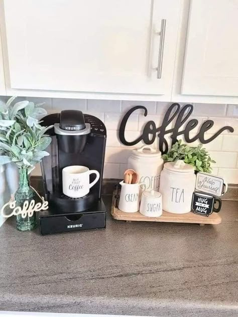 Small Coffee Bar Ideas Counter Space, Kaffe Station, Bars In Kitchen, Coffee Bar Ideas Kitchen, Small Coffee Bar, Coffee Bar Ideas Kitchen Counter, Coffee Station Kitchen, Brick Cottage, Kitchen Countertop Decor