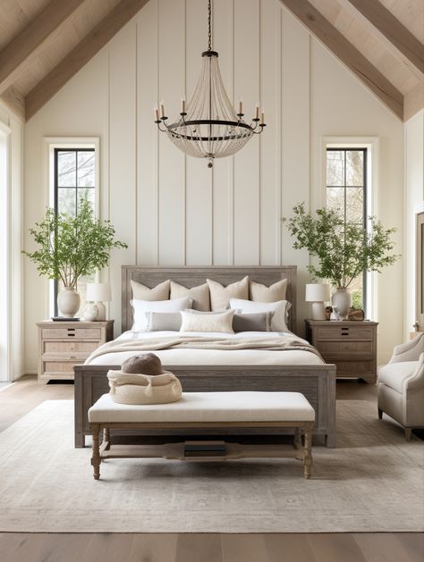 Primary Bedroom Ideas Vaulted Ceiling, Stunning Bedrooms Master Suite, Ranch Style Master Bed, High Ceiling Bedroom Master Suite, Pitched Ceiling Bedroom Master Suite, Modern Bedroom Design Master High Ceilings, Modern Farmhouse Interior Bedroom, Bedroom With Windows On Each Side Of Bed, Masterbedroom Neutral Luxury