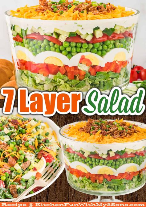 Bright, colorful, and loaded with veggies like tomatoes, cucumber, and peas, this 7 Layer Salad is a hit at every gathering! Topped with a creamy dressing, this salad is ready in no time at all. #saladrecipes #potluckrecipes #easysalads 7 Layer Salad Pioneer Woman, Seven Layer Taco Salad, 7 Layer Taco Salad, Layered Salad With Peas, Seven Layer Salad Recipe, 7 Layer Salad Recipe, Baked Hard Boiled Eggs, Layered Salads, Layered Taco Salads