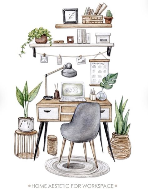 Study Better, Watercolor Drawing, Home Office, Laptop, Desk, Plants, Books, Wall