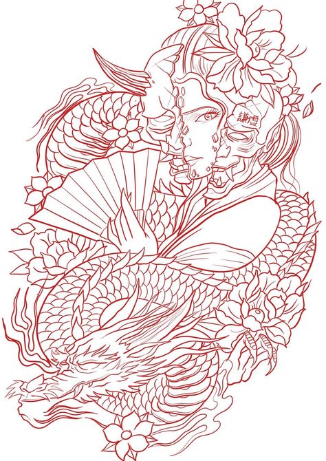 Geisha With Dragon Tattoo, Dragon Geisha Tattoo, Japanese Dragon Tattoo Designs, Dragon Tattoo Stencil, Japanese Dragon Drawing, Dragon Tattoo Art, Samurai Tattoo Design, Japanese Dragon Tattoo, Geisha Tattoo