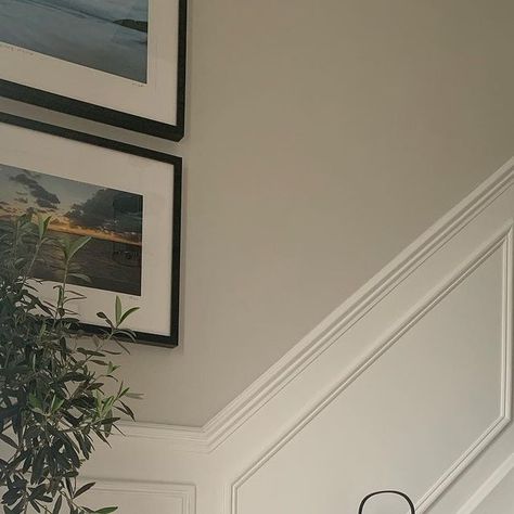 Sophie Higgs on Instagram: "Stairs Panelling🤍 A few tips on how we carried the panelling in our hallway up the stairs. Swipe along to see ➡️ To get the line for the dado rail on the stairs we put wall tacks at the bottom and top of the stairs, the height we wanted the dado rail 1000mm from the floor. Then we got a piece of string, coloured it one side with blue chalk, held the string tight on top of the tacks, (chalk side facing the wall with one person holding it at the bottom of the stairs and one person at the top. You’ll then have a straight chalk line all the way down the stairs wall to attach the dado to. Very hi-tech hey?! 🤣 It would be much easier with a laser level but we don’t have one! For the angles of the dado rail and the moulding for the panelling I’d really recommend get Dado Rail Stairs, Hallway With Dado Rail, Hallway Dado Rail, Hall Stairs And Landing Panelling, Dado Rail Hallway, Stair Panelling, Hallway Panelling, Wallpaper Hallway, Stair Paneling