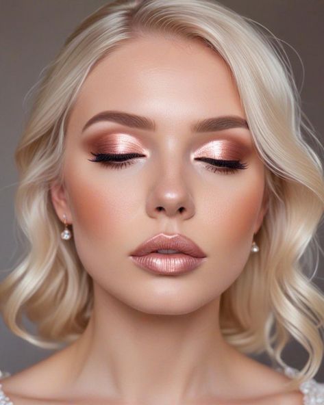 Rose Gold Glam for Platinum Blonde Brides, Soft Bridal Makeup for Every Ethnicity and Hair Colour, bridal makeup look, wedding makeup, soft glam bridal makeup Rose Gold Formal Makeup, Rosegold Eyemakeup, Rose Gold Wedding Makeup, Gold Holiday Makeup, Blonde Brides, Soft Bridal Makeup, Fab Mood, Mood Wedding, Mauve Lipstick