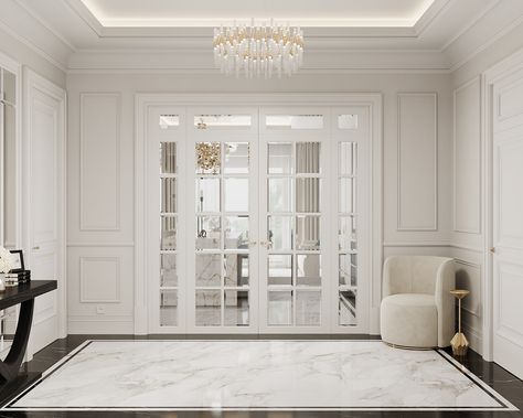 Modern Classic Foyer, Foyer Design Luxury, Bedroom Tiles Design, Neo Classic Living Room, Classic Foyer, House Dubai, Classic Hall, Entrance Foyer Design, Molding Design