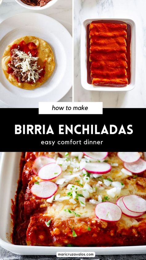 collage of birria enchiladas preparation with text overlay Traditional Mexican Desserts, Comforting Food, Comfort Dinner, Homemade Enchilada Sauce, Homemade Enchiladas, Cheese Enchiladas, Enchiladas Recipe, Beef Meat, Spicy Salsa