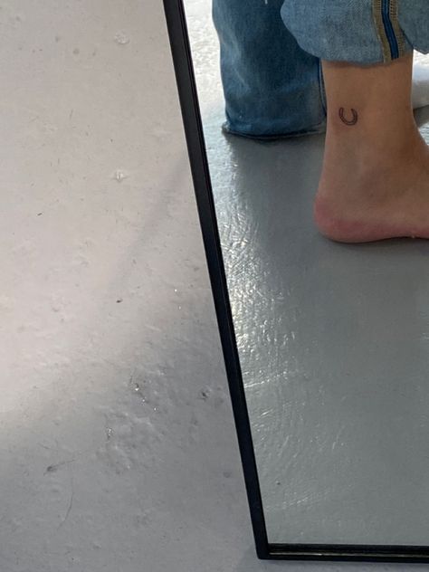 Horseshoe Ankle Tattoo, Horse Shoes Tattoo, Fine Line Horseshoe Tattoo, Tiny Horseshoe Tattoo, Dainty Horseshoe Tattoo, Western Small Tattoos, Horseshoe Aesthetic, Small Horseshoe Tattoo, Back Of Calf Tattoos For Women