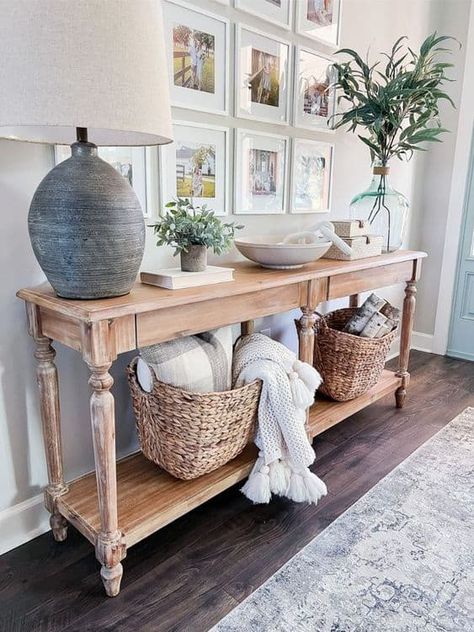 Entryway Table Decor Christmas, Long Foyer Ideas Entryway, Entryway 2023, Farmhouse Hallway Table, French Country Entryway Ideas, Modern Farmhouse Entryway Ideas, Landing Decor Ideas, Farmhouse Hallway Decor, Farmhouse Entryway Ideas