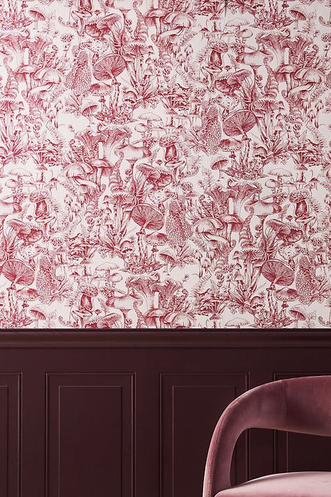 Accent Wallpaper Ideas, Red Mural, Zen Wallpaper, Bedroom Vibes, Rabbit Wallpaper, Mushroom Wallpaper, Laundry Room Wallpaper, Forest Mural, Peacock Wall Art